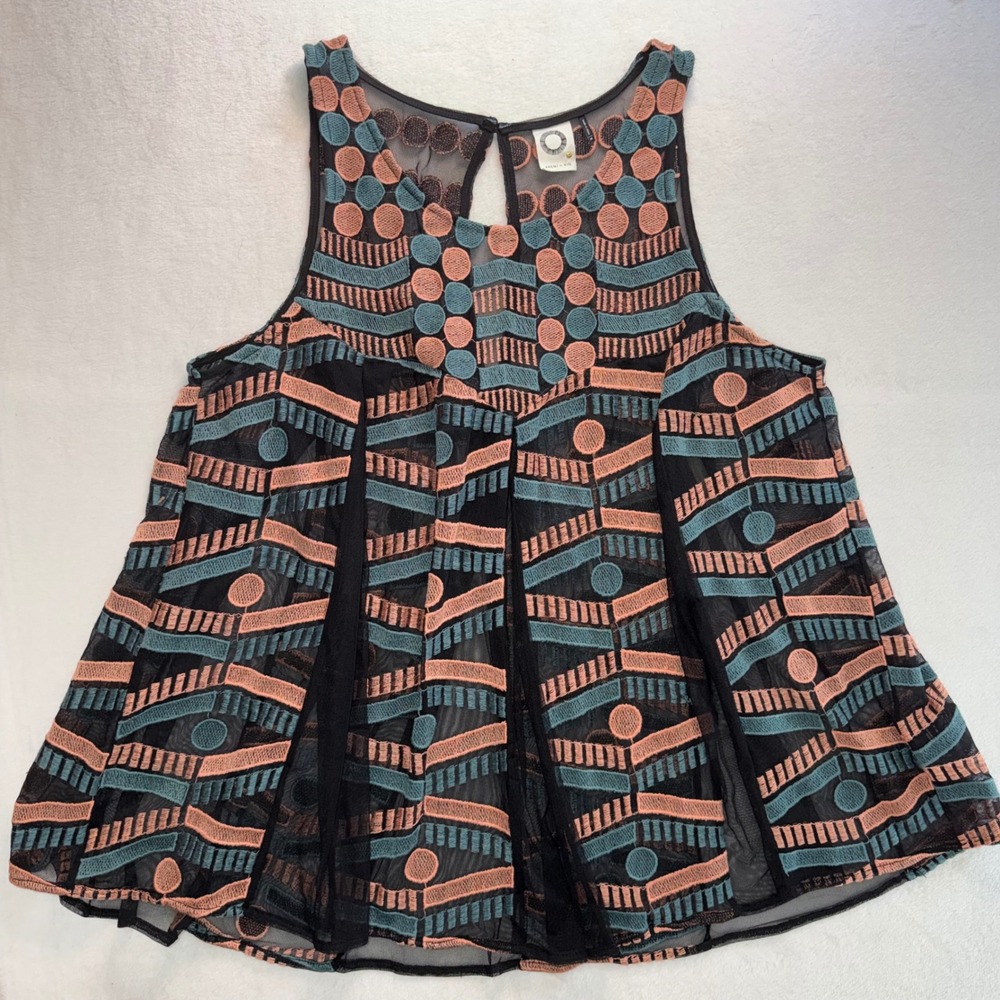 Akemi + Kin Anthropologie Embroidered Mesh Tank Top Black Teal Coral Womens M